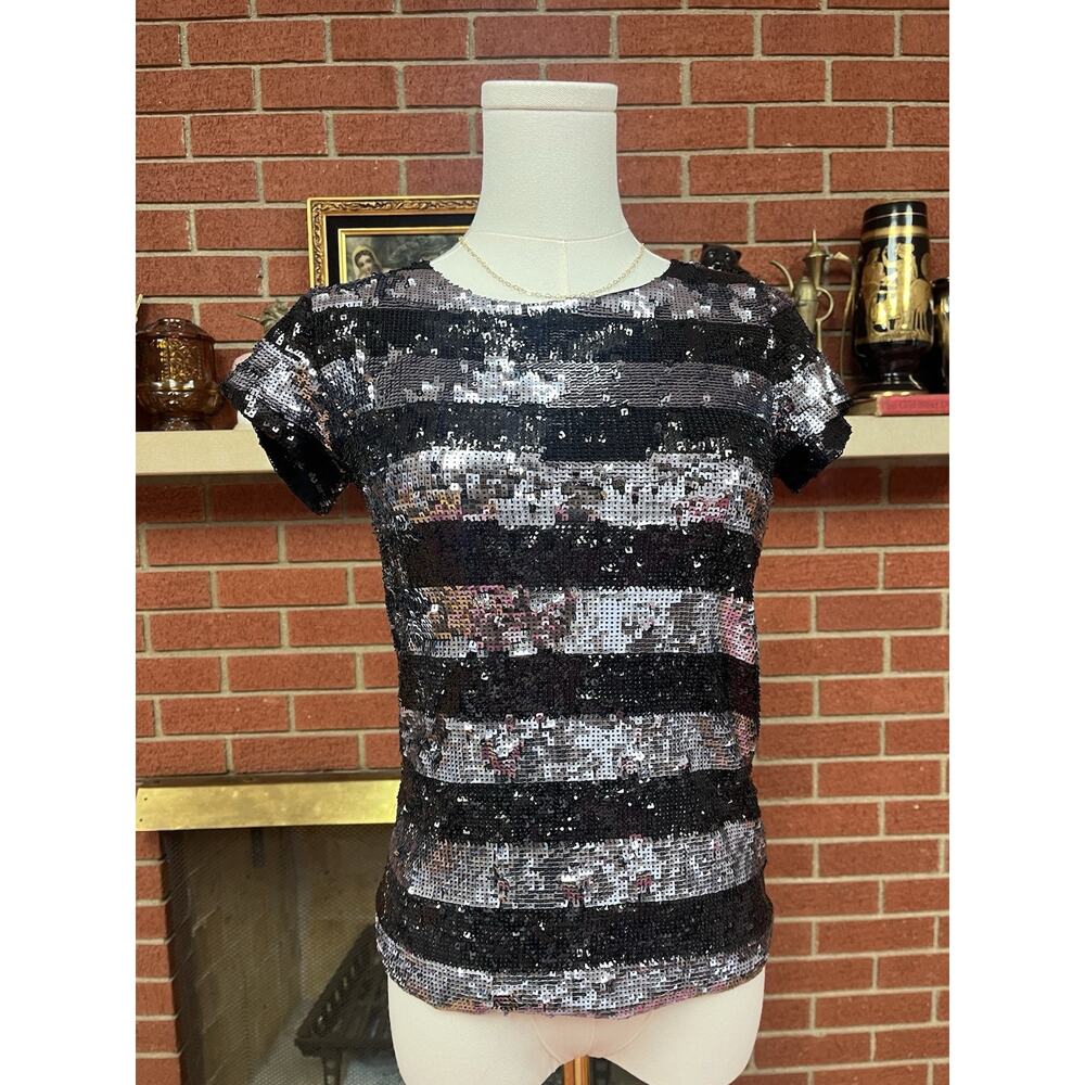 Y2K Grunge Top Sequin Gothic Whimsical Fancy XS Striped Silver Black